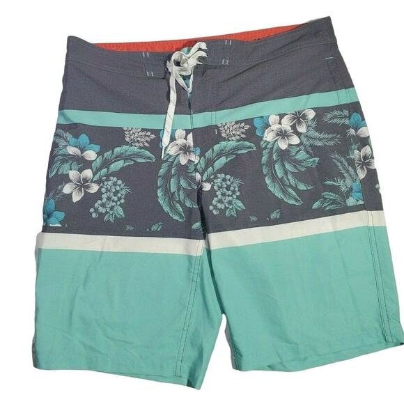 Goodfellow Swim Bottoms 34 Blue Gray Striped Floral Tie Closure Board Shorts - Picture 1 of 4